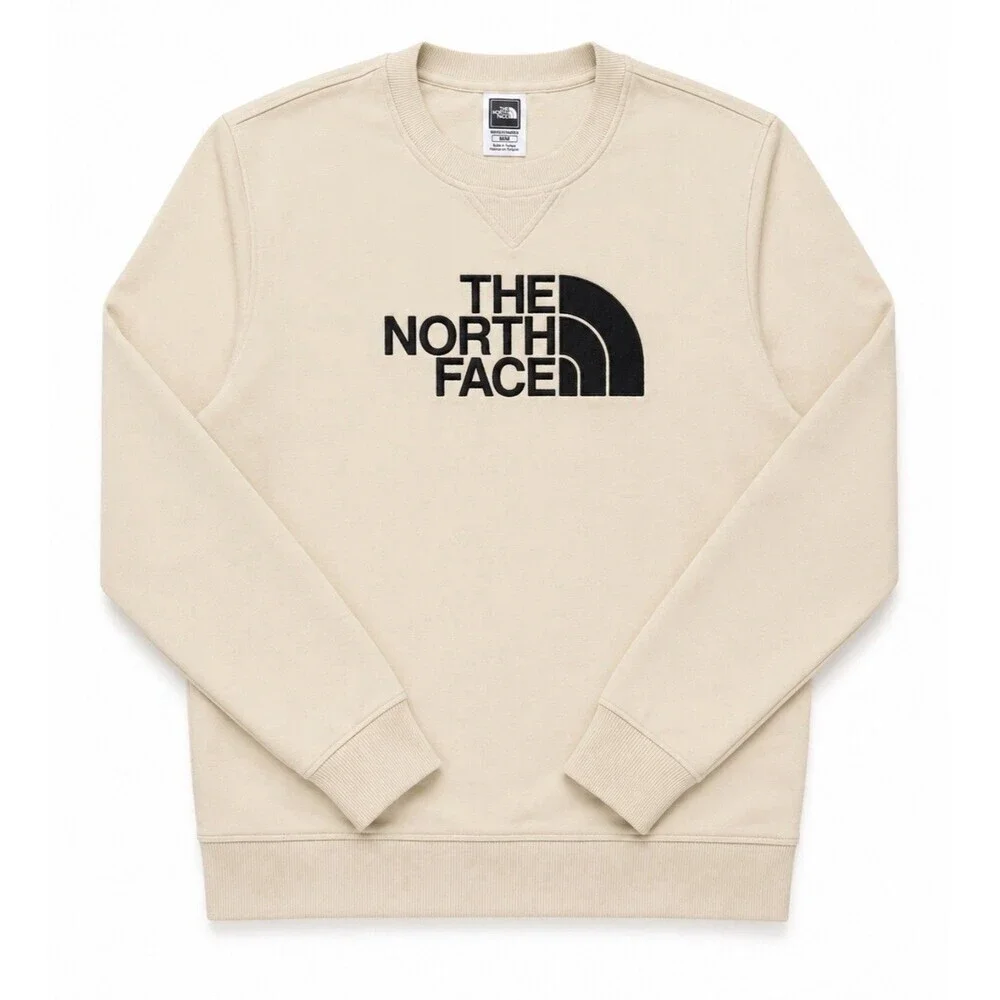 The North Face Men's M Cream Beige Crewneck Sweatshirt Embroidered Logo Cotton